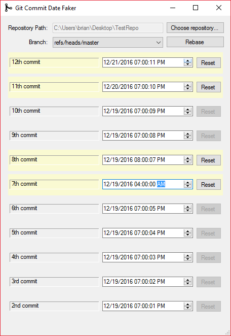 screenshot of windows forms desktop application showing a list of commits with a date picker next to each one